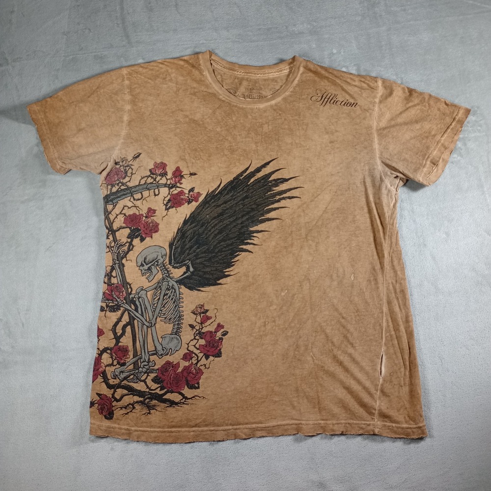 Affliction T Shirt Mens 2XL Tan Skeleton Wing Rose Graphic Distressed Y2K Grunge